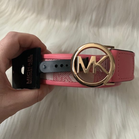 MICHAEL KORS Women\'s Signature Jacquard Belt in Pink/Khaki Sz Medium